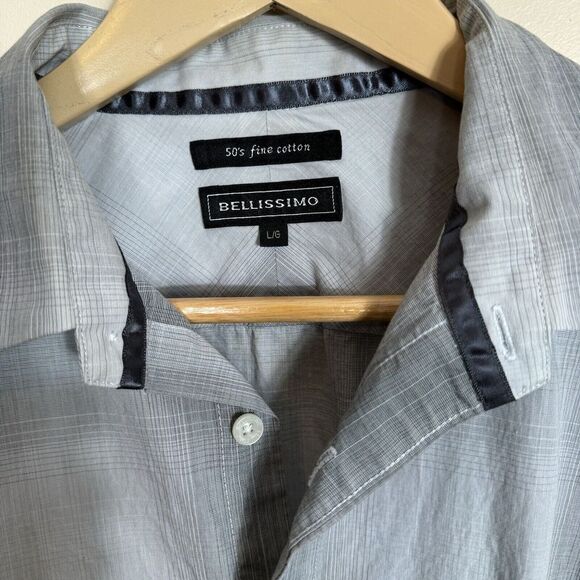 Bellissimo Dress Shirt Men's Large Gray Plaid Casual 50's Fine Cotton‎ Sleeve - Picture 2 of 8